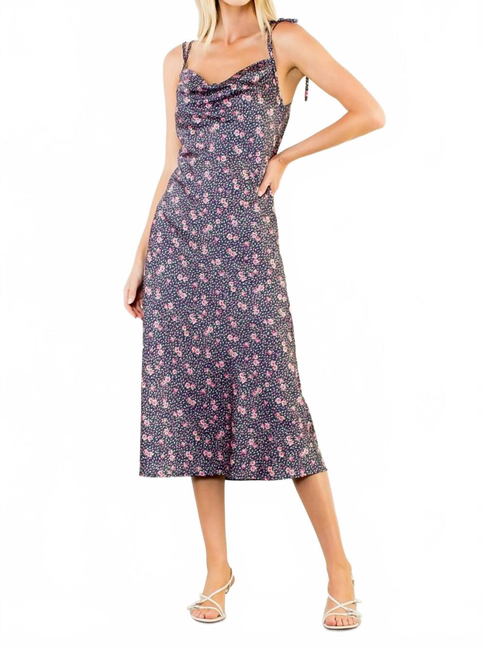NEW THML tie shoulder flower dress in navy